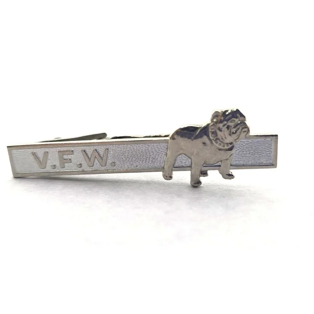 Vintage V.F.W. Bulldog Tie Clip Bar Silver Tone Metal Veteran United States
